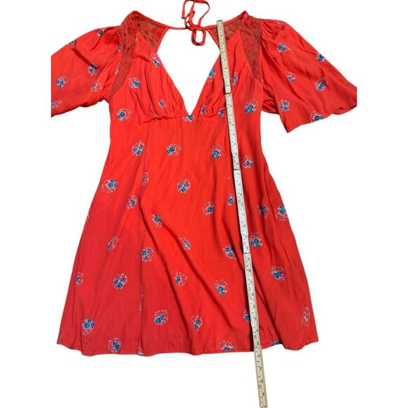 🌺NEW Free People Mockingbird Coral Red Floral Print Backless Mini Dress Sz 6 - Picture 7 of 14